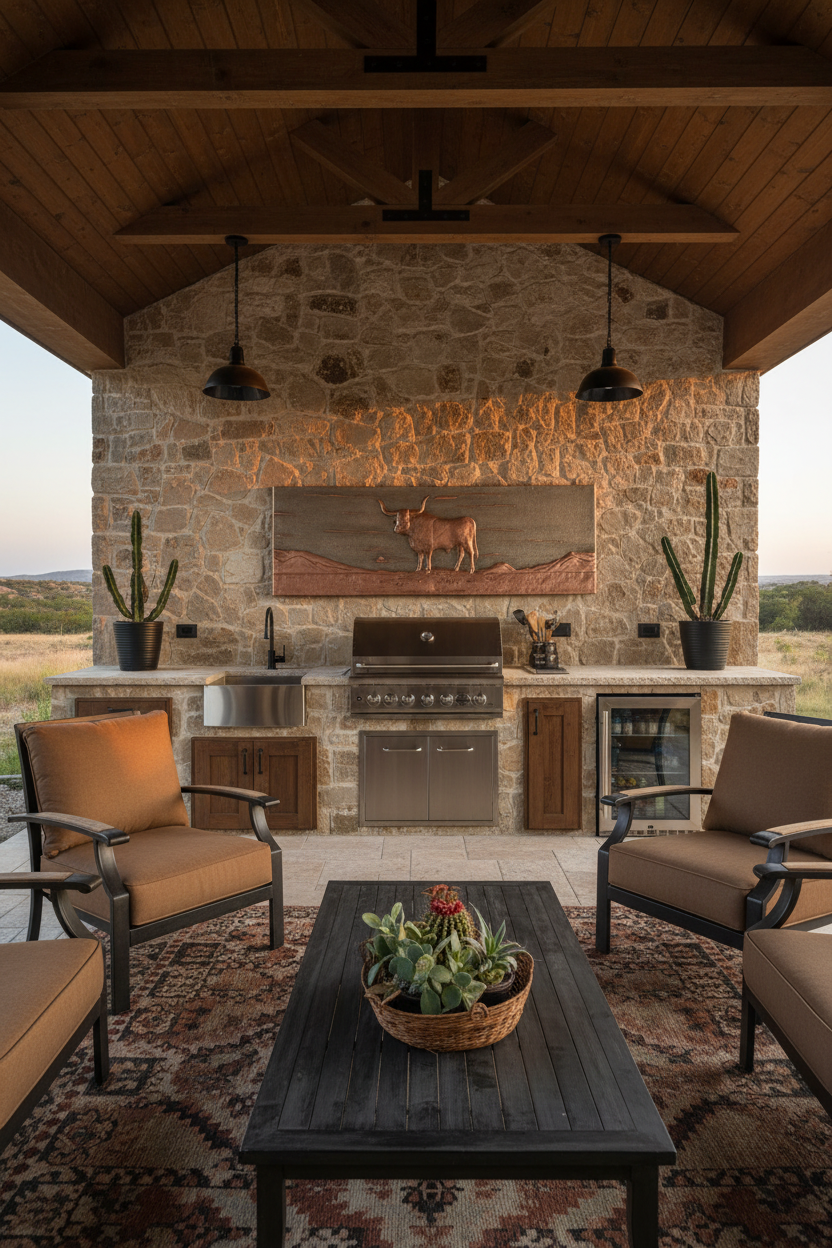 Large 48 inch Longhorn Bull copper panel in covered outdoor kitchen