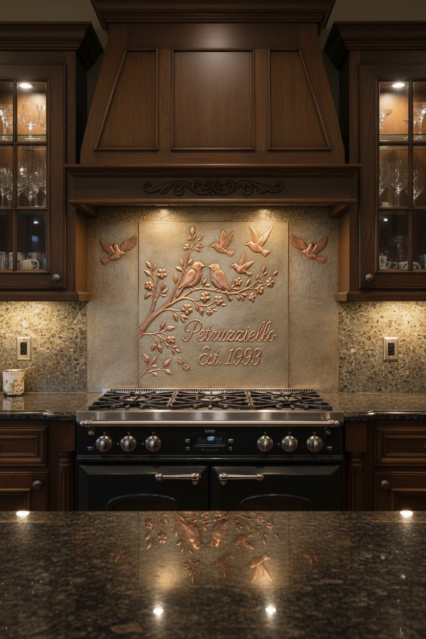 Large 48 inch lovebirds family name copper backsplash panel in classic kitchen with dark wood cabinets