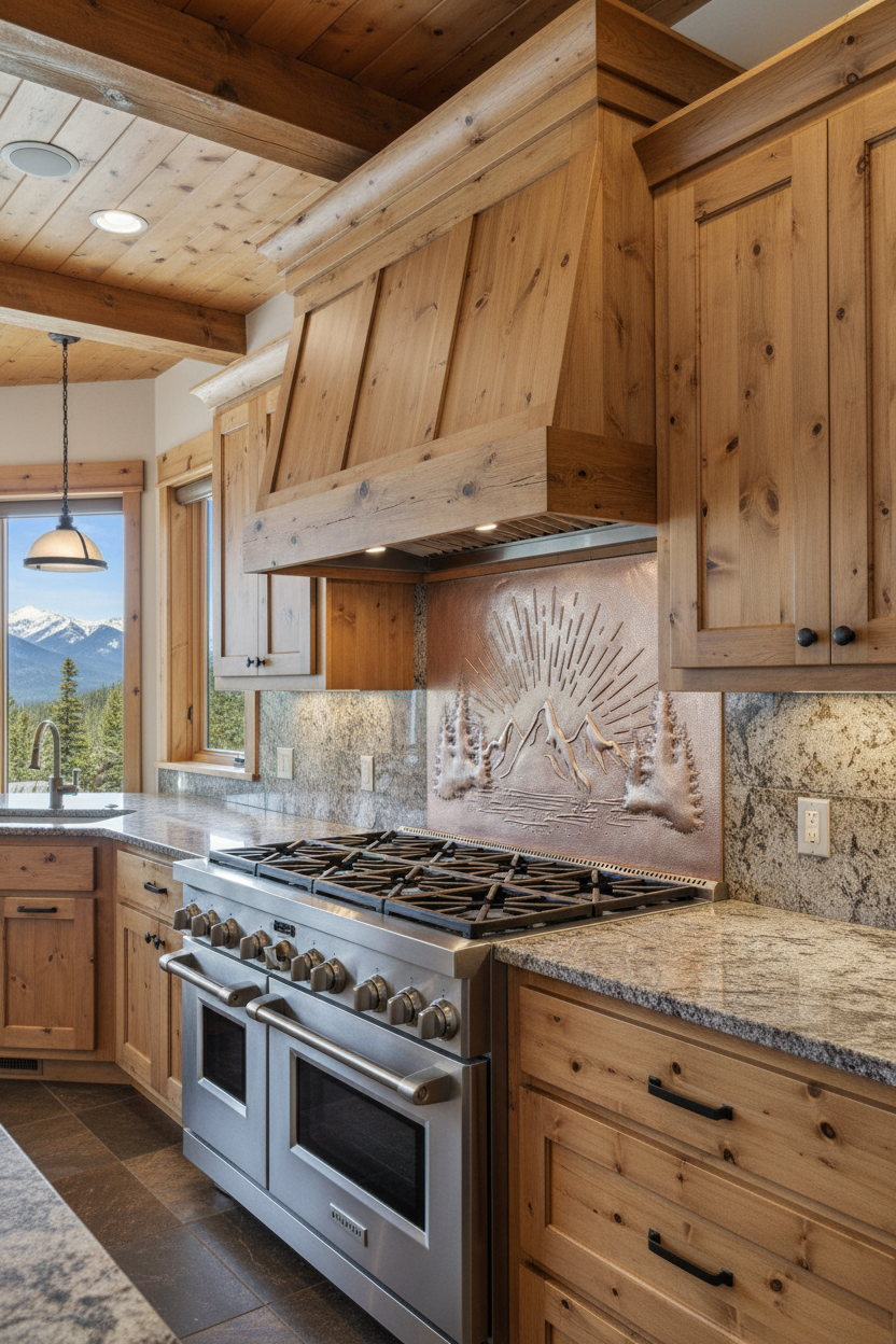 Large 48 inch mountain sunrise copper backsplash panel in luxury mountain home kitchen