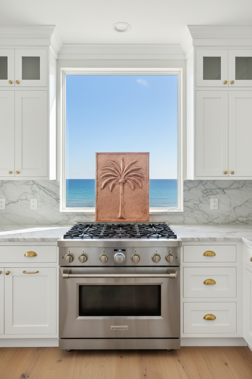 Large 48 inch palmetto copper stove backsplash panel in coastal luxury kitchen