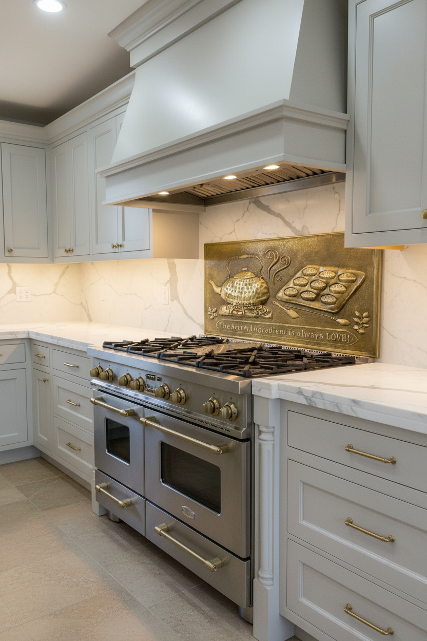 Large 48 inch tea kettle and baking tray brass backsplash panel in transitional gray kitchen