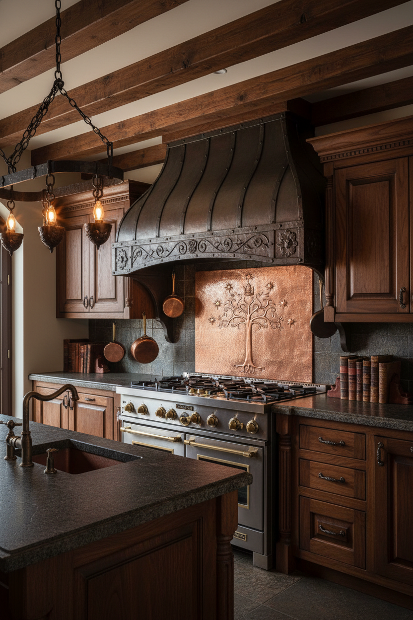 Large 48 inch White Tree of Gondor copper backsplash in medieval-inspired luxury kitchen with walnut cabinets