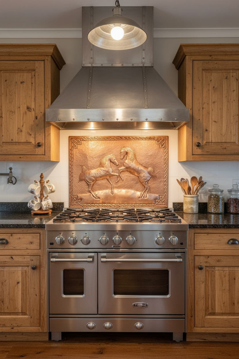 Large 48 inch Wild Horses copper backsplash panel with Celtic border in rustic farmhouse kitchen