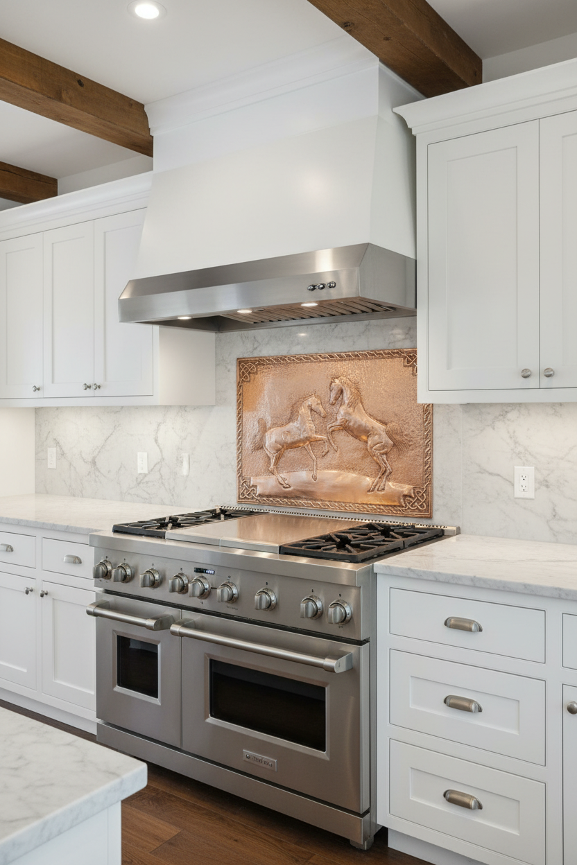 Large 48 inch Wild Horses copper backsplash with natural copper finish in farmhouse kitchen