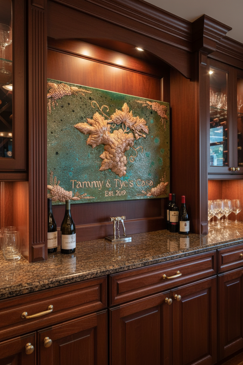 Large 48x24 inch Grape Vine copper relief panel in green patina finish in luxury wine bar