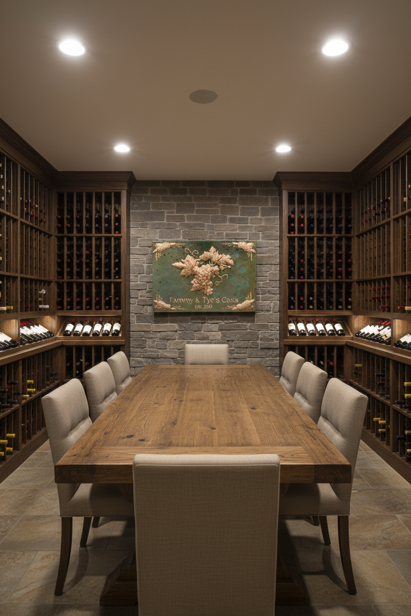 Large 48x24 inch Grape Vine copper relief panel in wine cellar tasting room