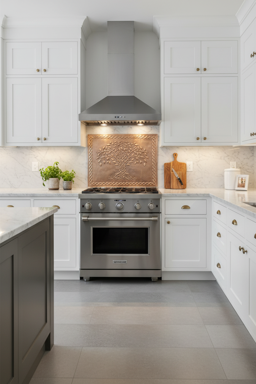 Large 48x30 inch Celtic Knotwood Tree copper panel as main backsplash in contemporary kitchen