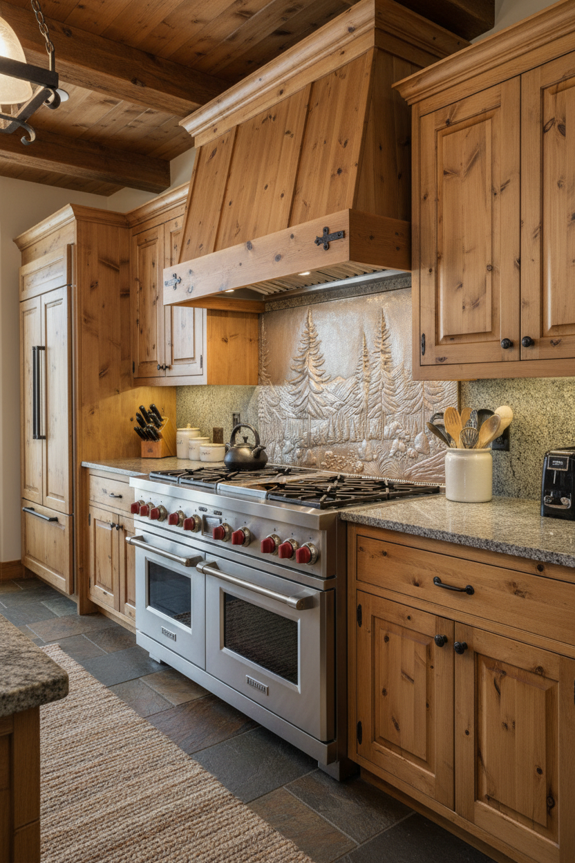 Large 48x30 inch Mountain Pines copper backsplash in rustic lodge kitchen