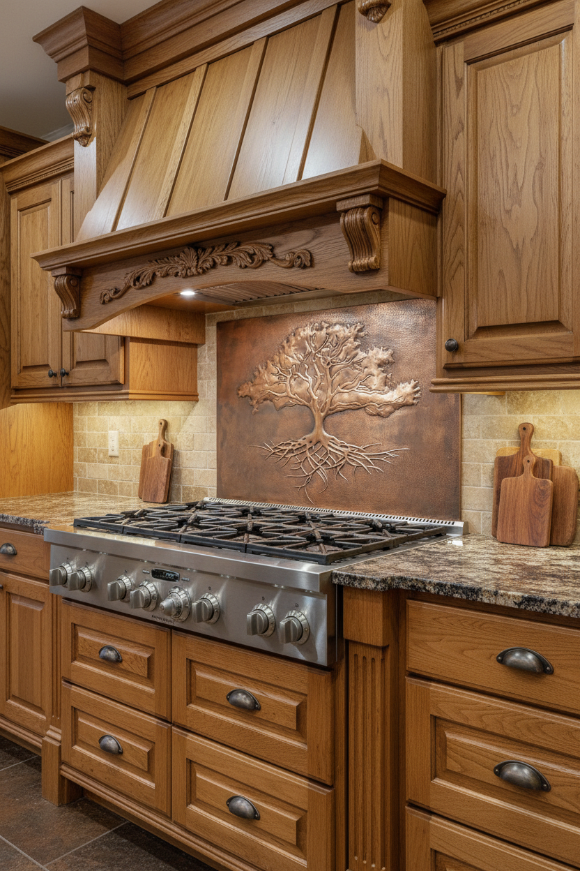Large 48x30 inch Rooted Canopy tree panel as stove backsplash in traditional kitchen