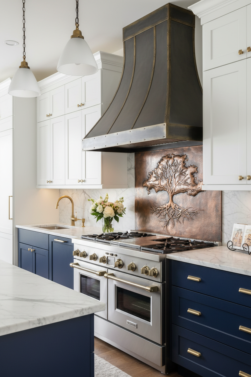 Large 48x36 inch Rooted Canopy tree panel as stove backsplash in modern luxury navy kitchen