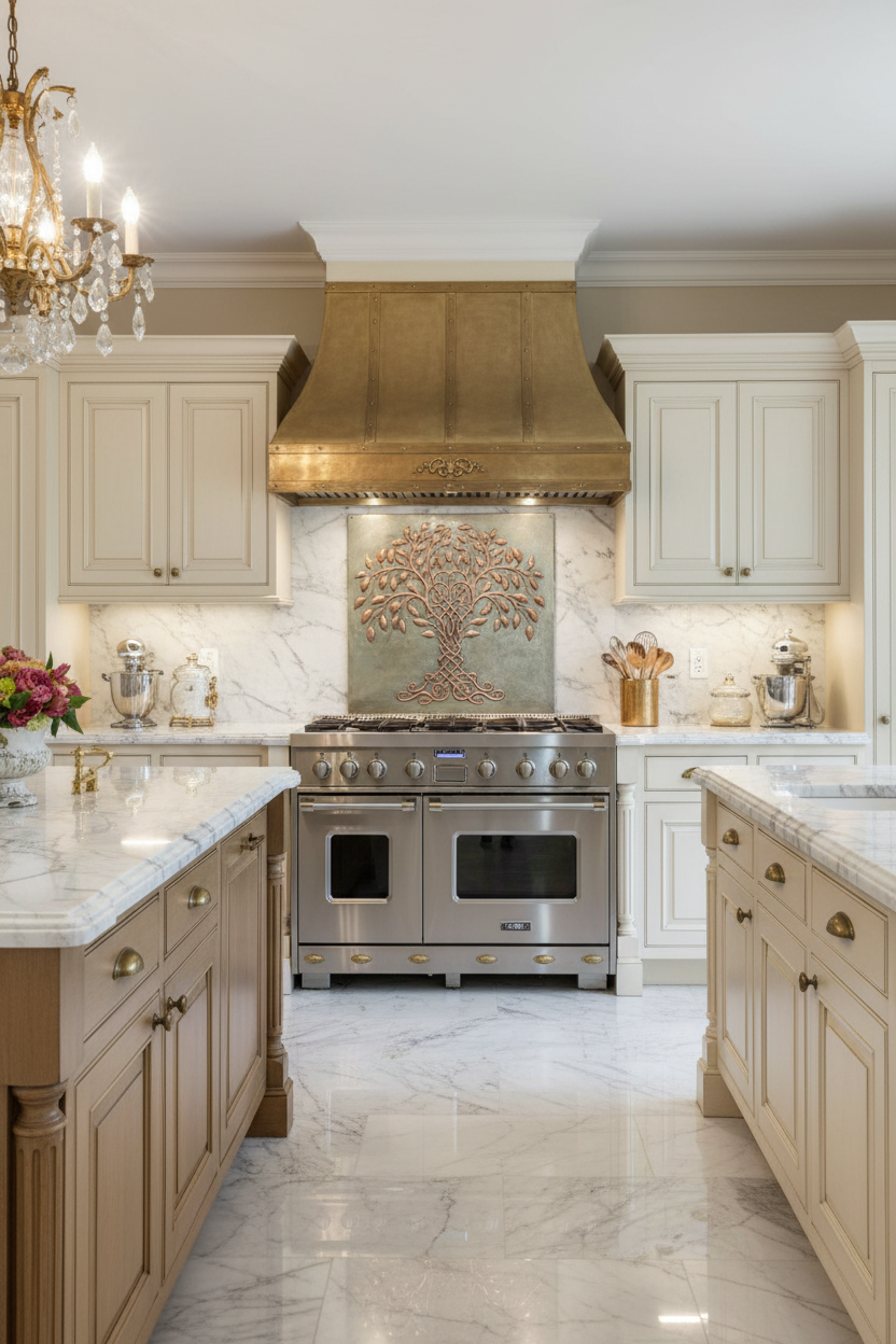 Large 54x48 inch Tree of Life copper backsplash panel in grand luxury estate kitchen