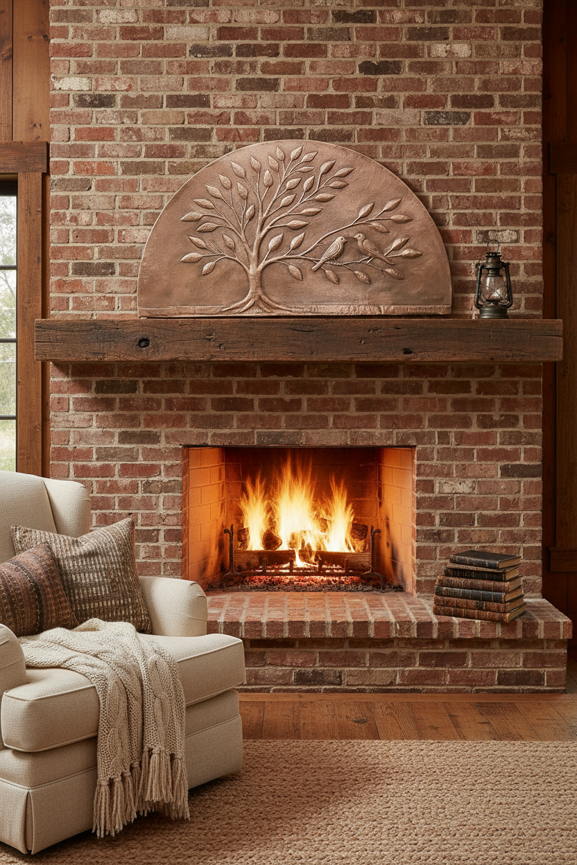 Large 60 inch arched Tree of Life copper panel above rustic fireplace mantel