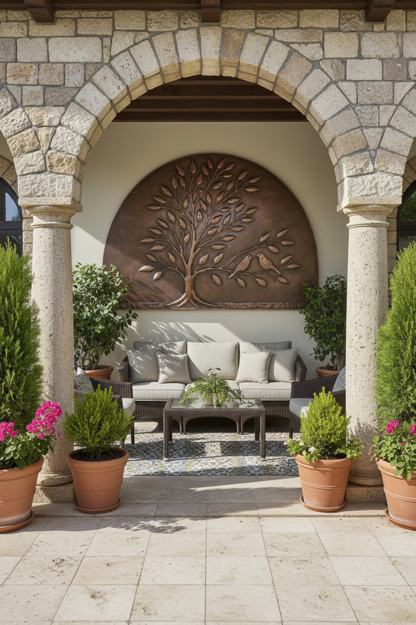 Large 60 inch arched Tree of Life copper panel on covered outdoor patio arched wall