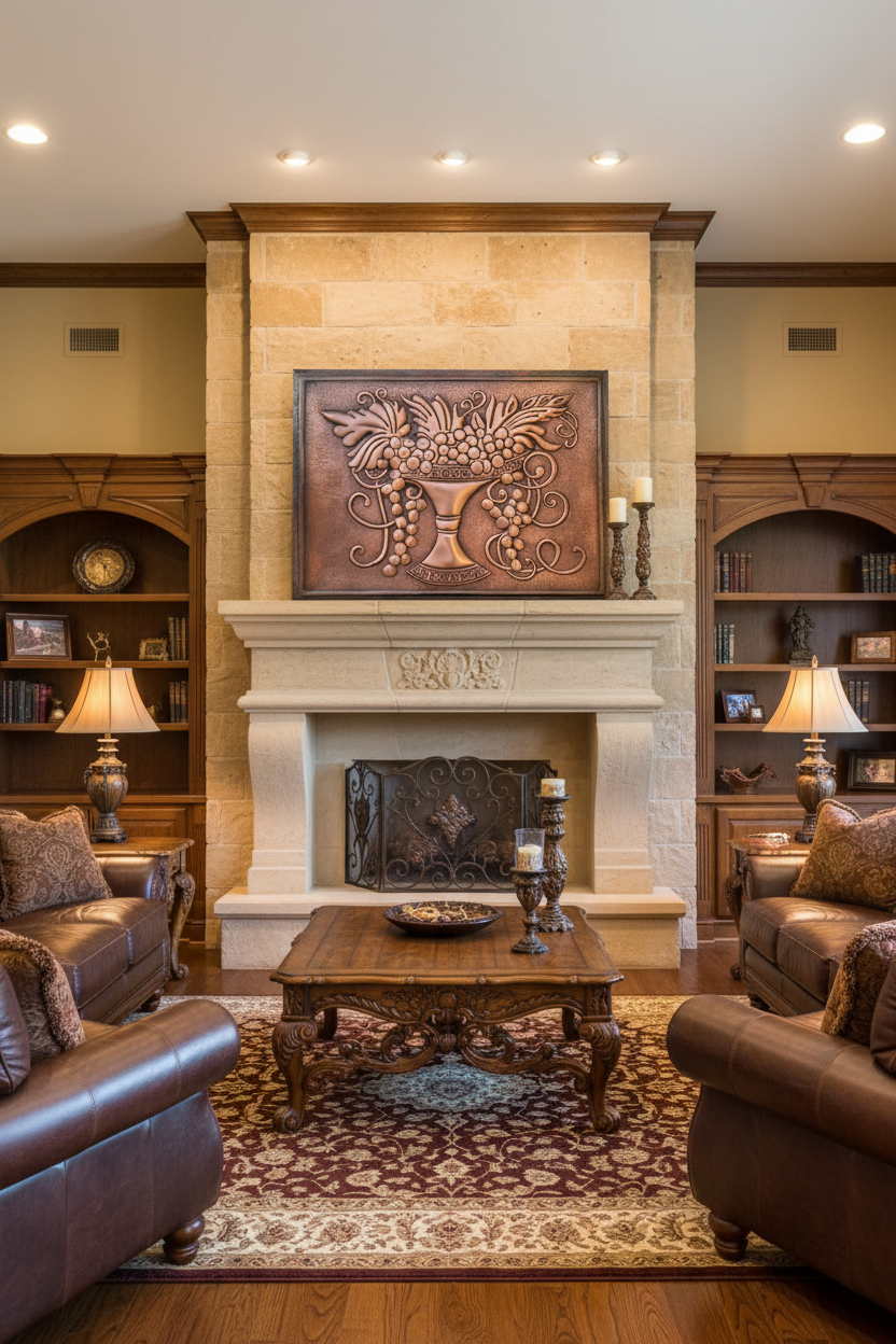 Large 60 inch grapevine copper panel installed as fireplace surround centerpiece in luxury living room