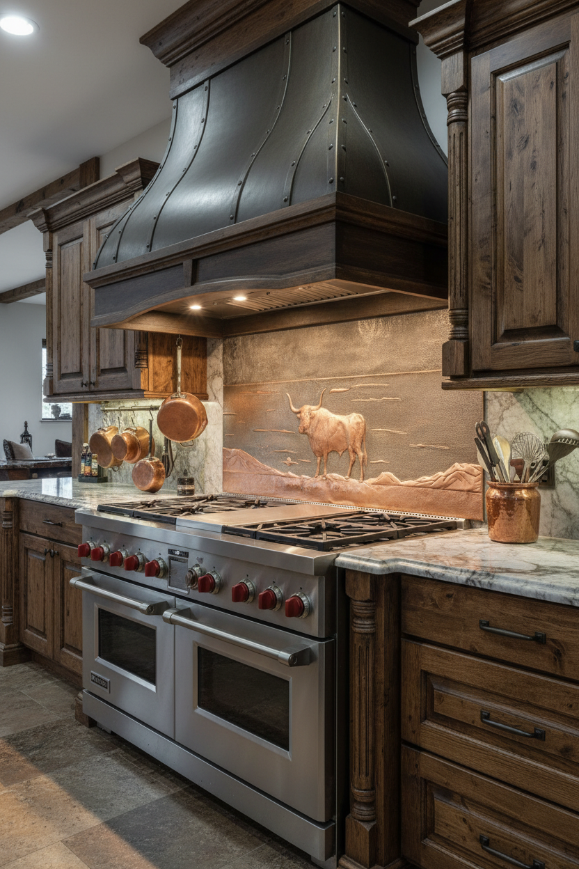 Large 60x36 inch Longhorn Bull copper backsplash panel in luxury ranch estate kitchen