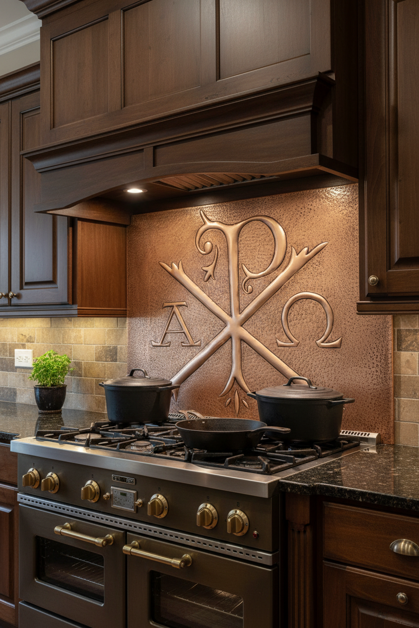 Large 72 inch alpha omega Chi Rho copper backsplash panel installed behind classic range in traditional Christian home kitchen