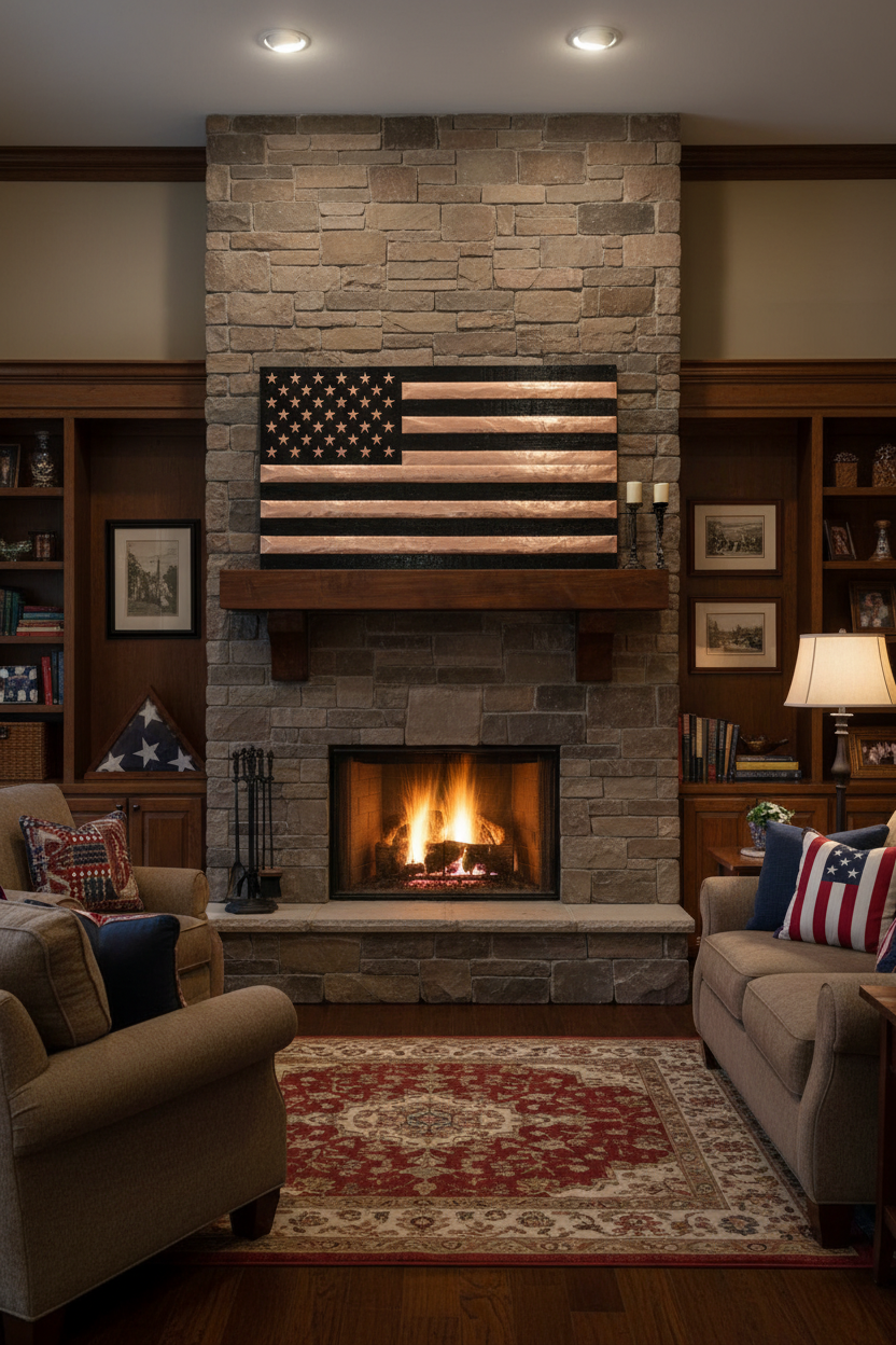 Large 72 inch American flag copper panel above fireplace mantel