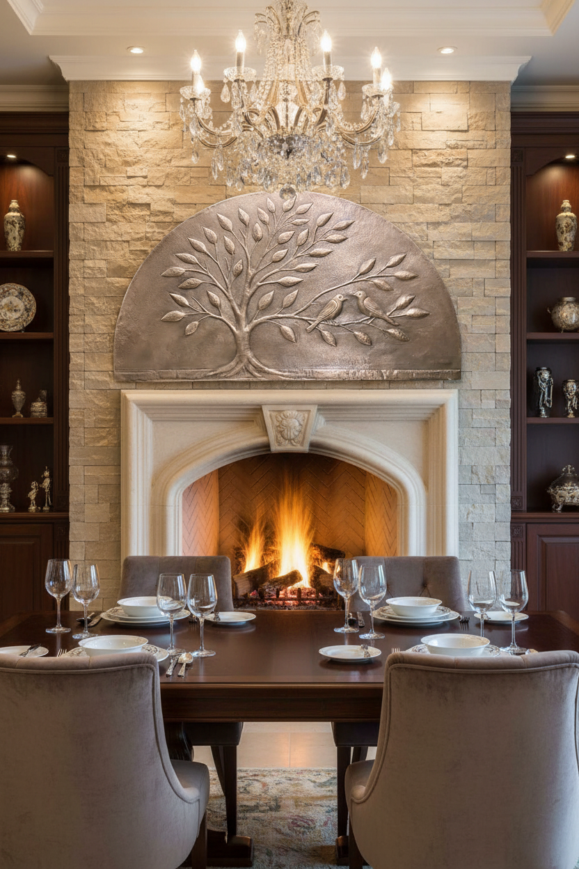 Large 72 inch arched Tree of Life copper panel above arched fireplace opening in dining room