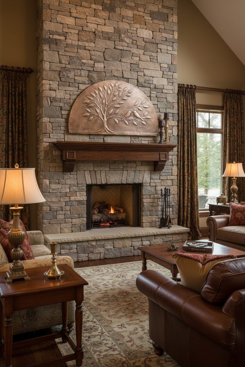 Large 72 inch arched Tree of Life copper panel mounted above fireplace mantel