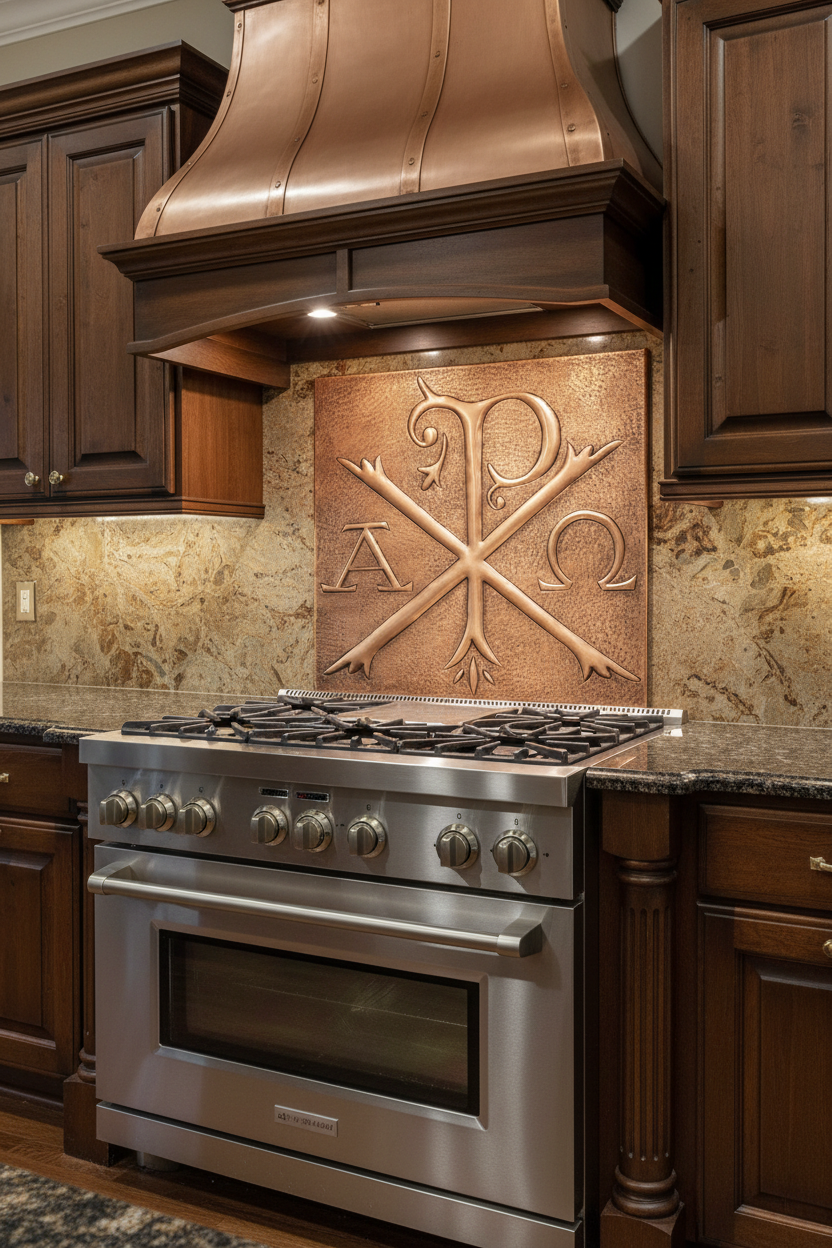 Large 72 inch Chi Rho Christian copper backsplash panel installed behind professional gas range in traditional luxury kitchen