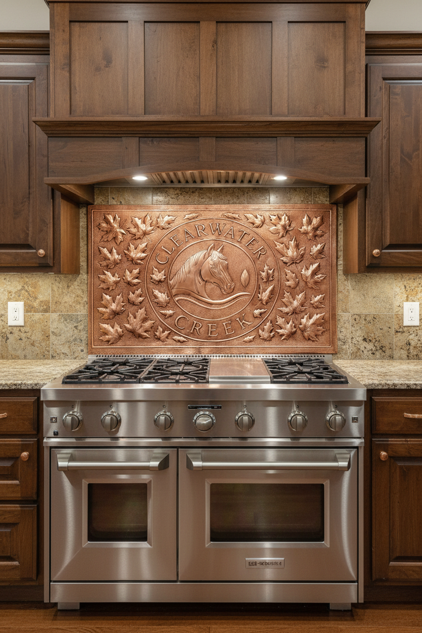 Large 72 inch custom horse crest copper backsplash panel installed behind professional gas range in luxury ranch kitchen