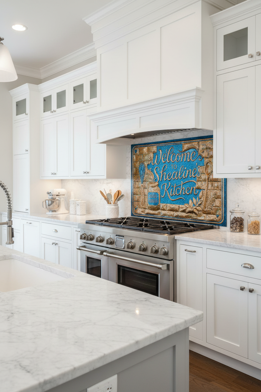 Large 72 inch custom welcome kitchen sign copper backsplash panel in vibrant blue patina finish installed behind professional gas range in luxury white kitchen