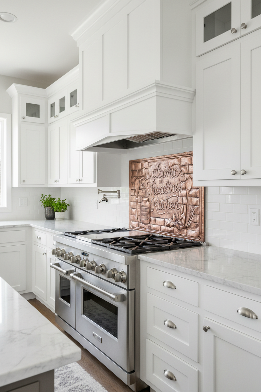 Large 72 inch custom welcome kitchen sign copper backsplash panel installed behind professional gas range in luxury white kitchen