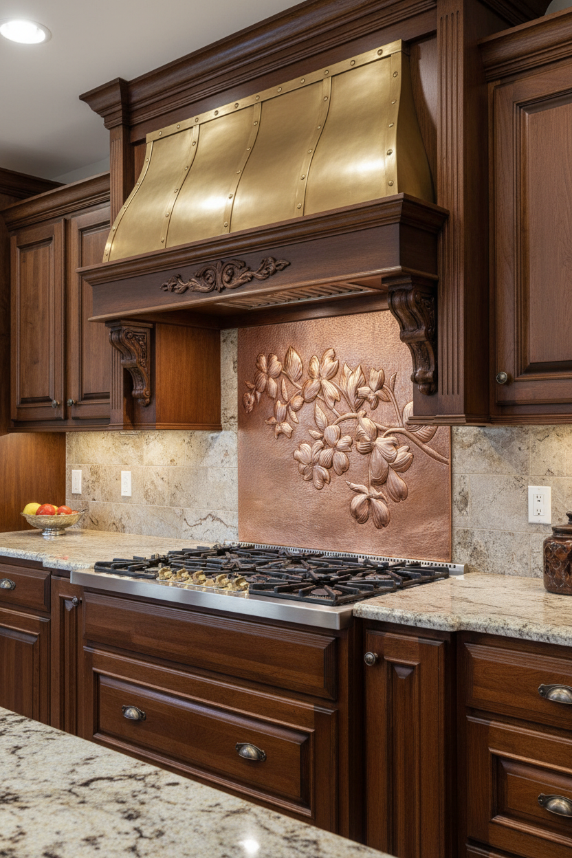Large 72 inch dogwood blossom copper backsplash panel in classic kitchen with dark wood cabinets