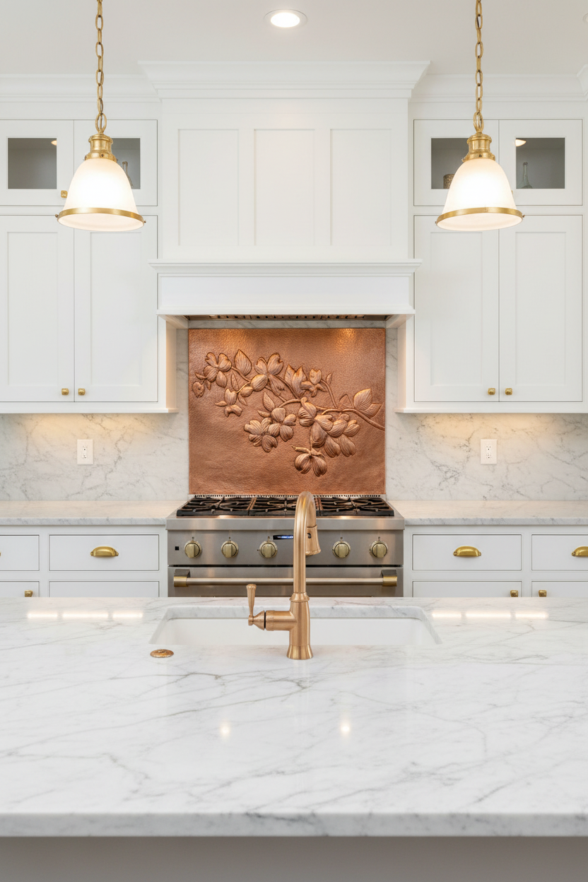Large 72 inch dogwood blossom copper backsplash panel installed in luxury traditional white kitchen