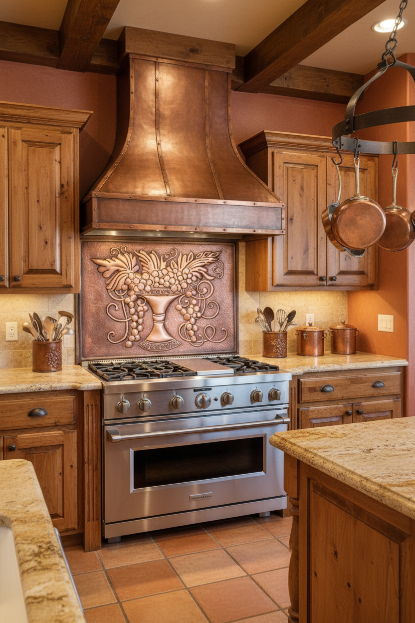 Large 72 inch grapevine copper backsplash panel installed behind professional gas range in luxury Tuscan kitchen