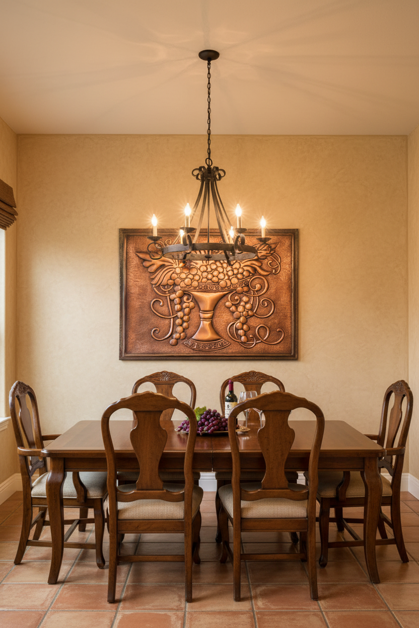 Large 72 inch grapevine copper panel installed as dining room feature wall centerpiece