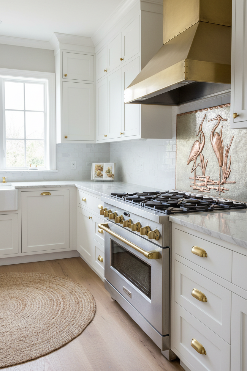 Large 72 inch handcrafted heron pair copper backsplash panel installed in coastal luxury kitchen