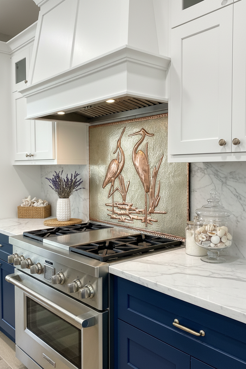 Large 72 inch heron pair copper backsplash panel in coastal transitional kitchen with navy cabinets