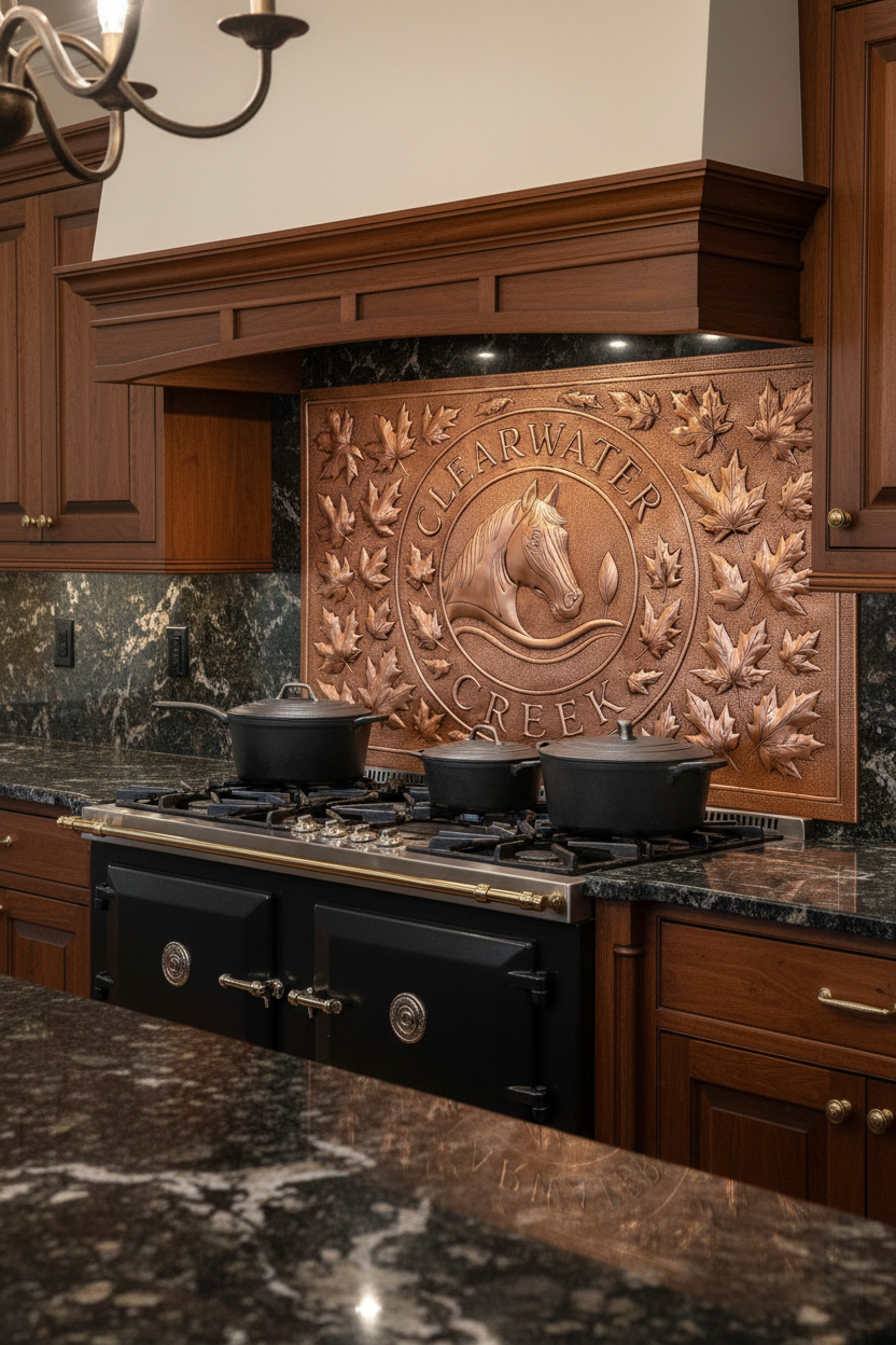Large 72 inch personalized horse crest ranch copper backsplash panel installed behind classic range in traditional equestrian estate kitchen
