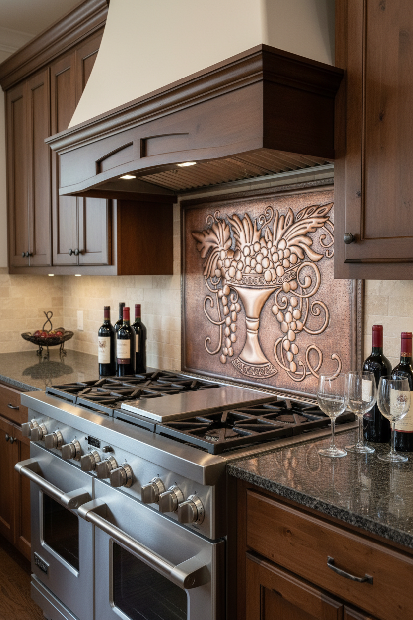 Large 72 inch vineyard grapevine copper backsplash panel installed behind classic range in traditional wine country estate kitchen