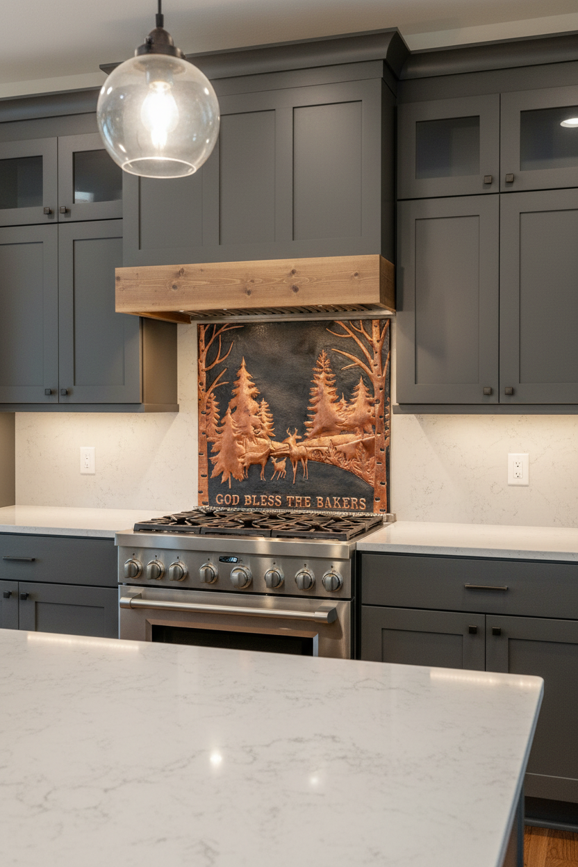 Large 72 inch woodland deer copper backsplash in black and copper finish in rustic modern kitchen