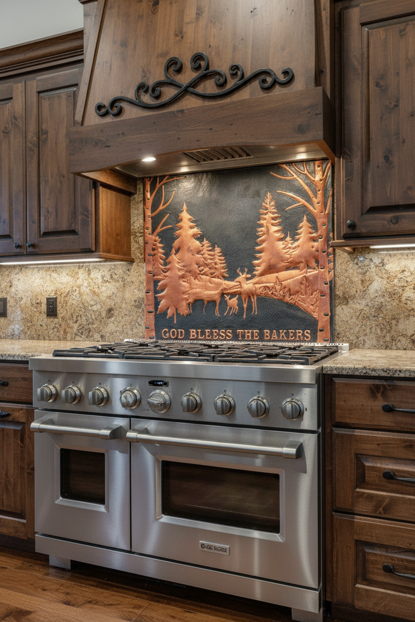 Large 72 inch woodland deer copper backsplash panel in black and copper finish installed in rustic luxury cabin kitchen