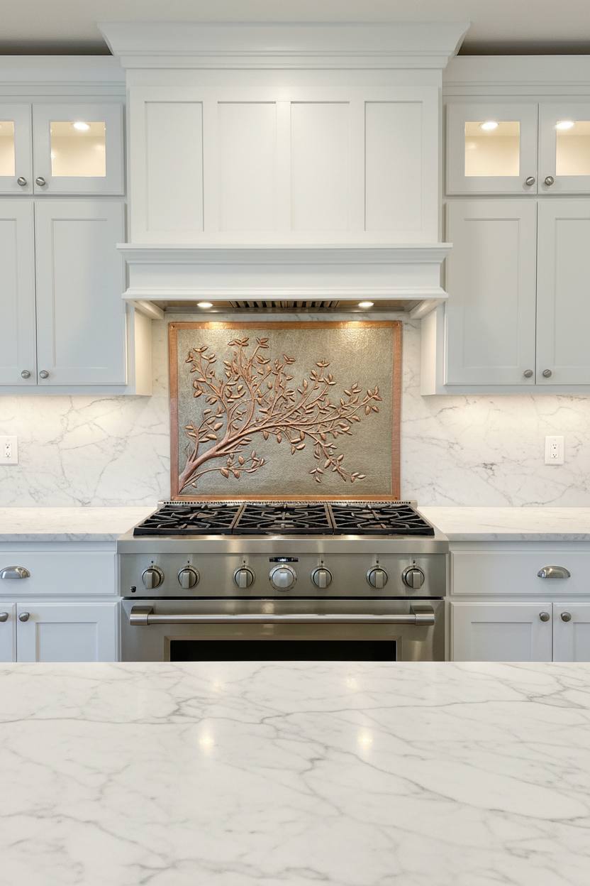 Large copper backsplash panel 72x36 inches with flowering branch design and picture frame border installed behind professional gas range in luxury white kitchen
