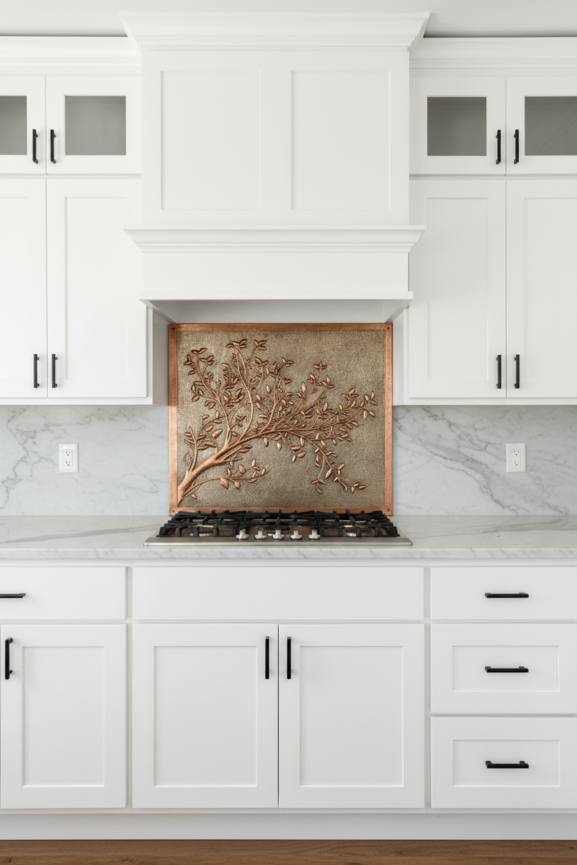 Large format copper backsplash panel 60x36 with flowering branch and frame border in contemporary white kitchen
