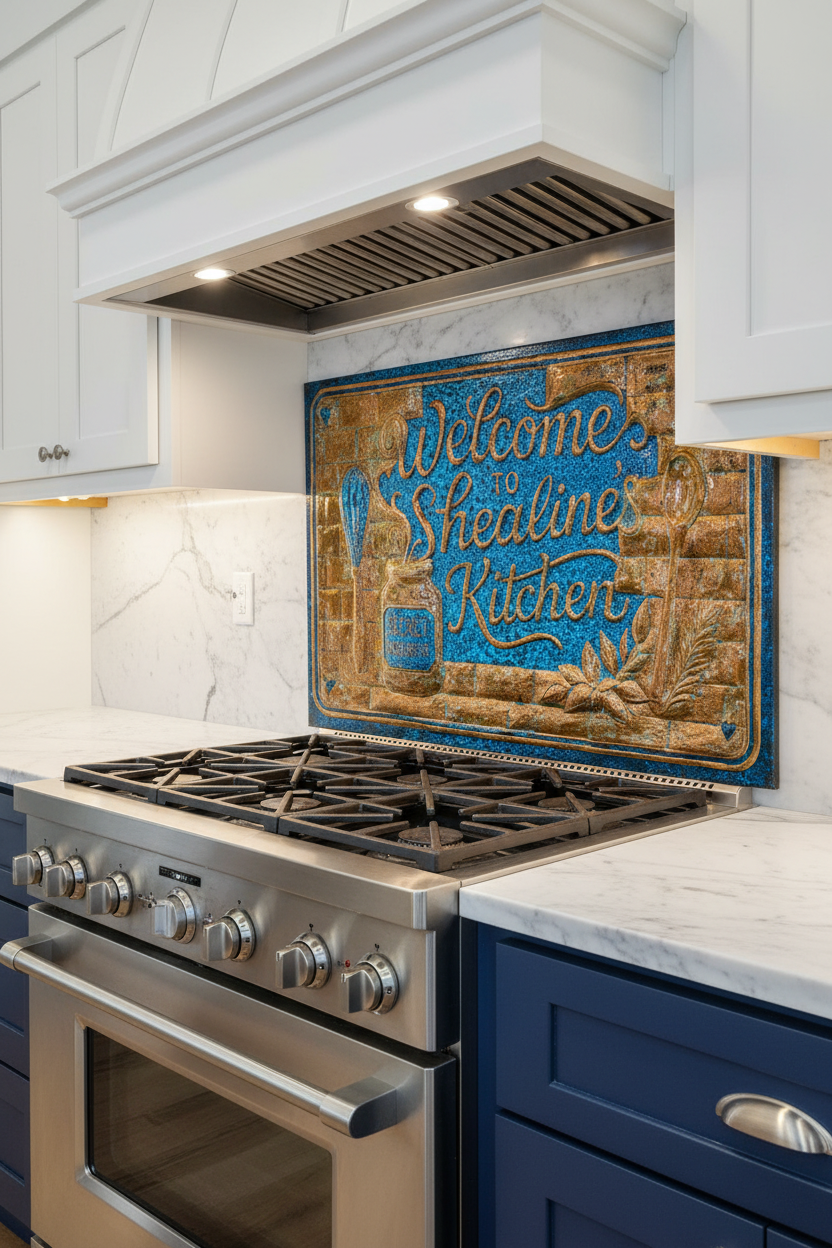 Large personalized family kitchen welcome sign copper backsplash 72 inches wide in vibrant blue patina finish installed behind classic range in eclectic kitchen