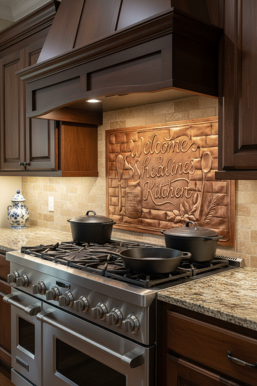 Large personalized grandmas kitchen welcome sign copper backsplash 72 inches wide installed behind classic range in traditional kitchen