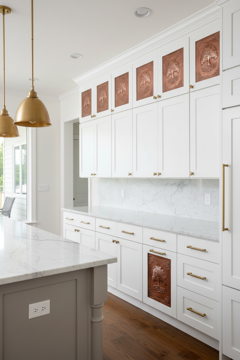 Luxury white shaker kitchen cabinets with custom copper cabinet door insert panels installed in all upper cabinet doors