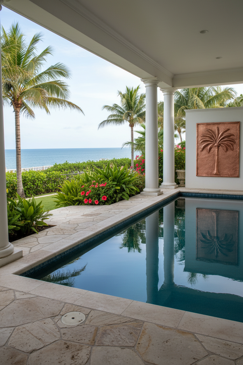 Massive 38x77 inch palmetto copper panel mounted on outdoor pool house wall