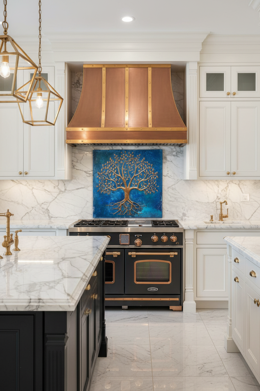 Massive 60x48 inch Rooted Tree of Life copper backsplash in opulent gourmet estate kitchen