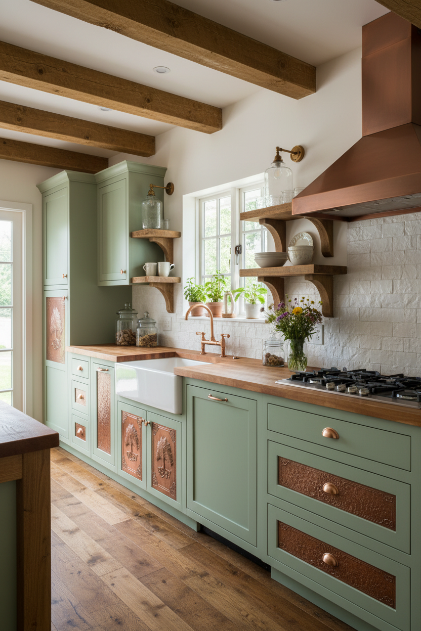Modern farmhouse kitchen with copper cabinet door insert panels installed throughout upper and lower cabinets