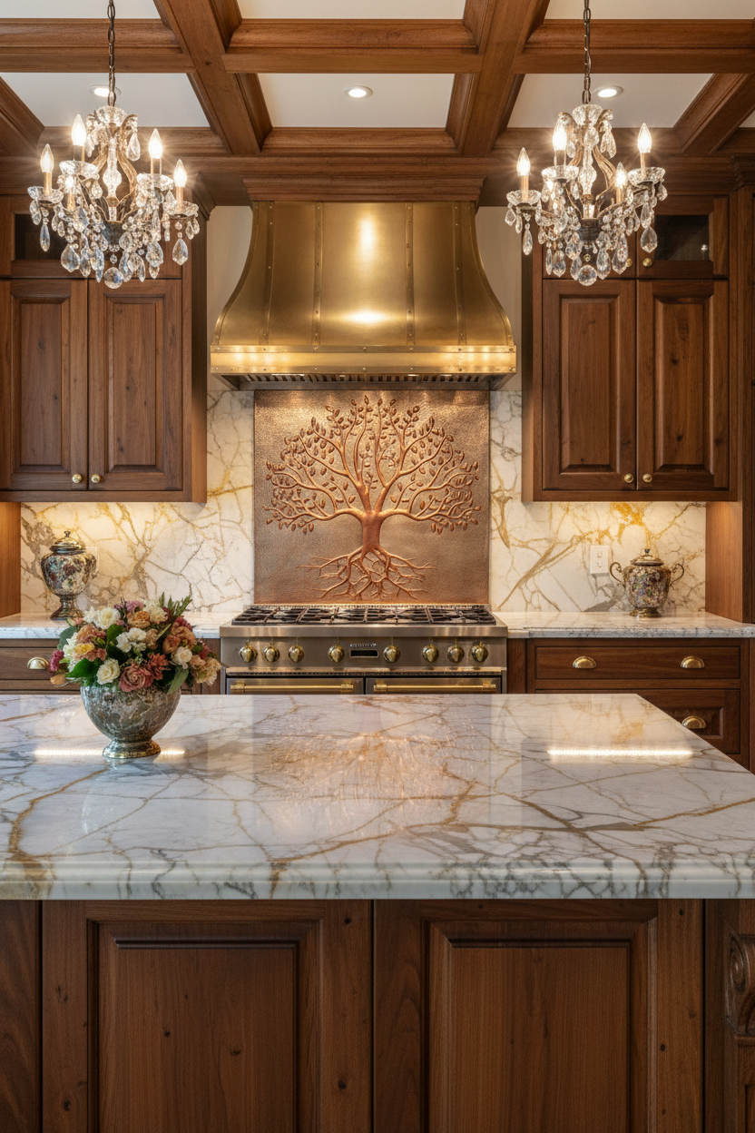 Oversized 48x60 inch Rooted Tree of Life copper backsplash in ultra-luxury mansion kitchen