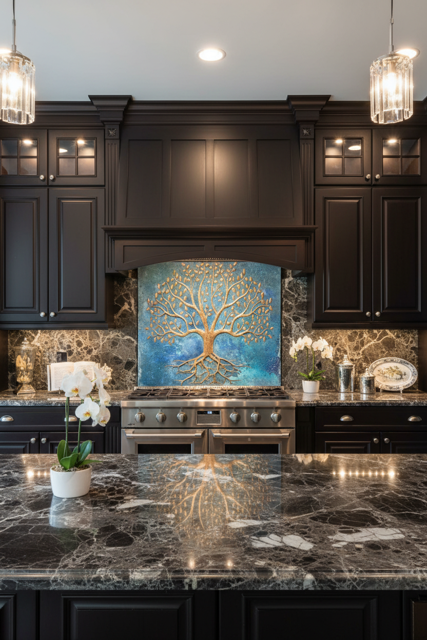 Oversized 54x54 inch Rooted Tree of Life copper backsplash in palatial mansion kitchen