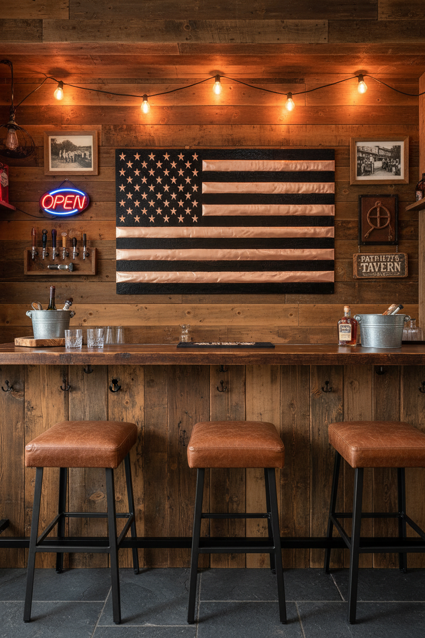 Oversized 60 inch American flag copper panel in rustic American home bar