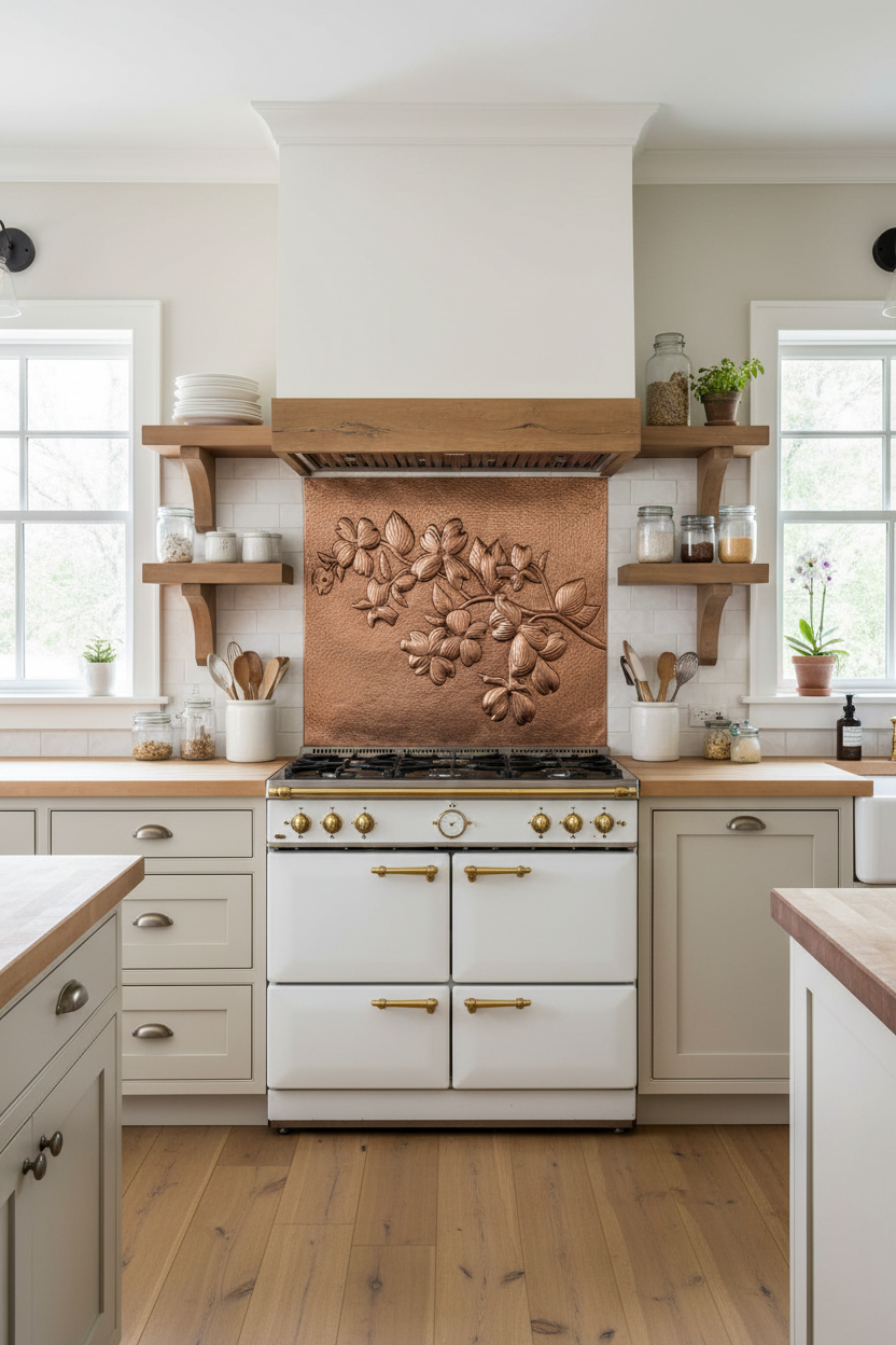 Oversized 60 inch dogwood blossom copper backsplash panel in elegant farmhouse kitchen