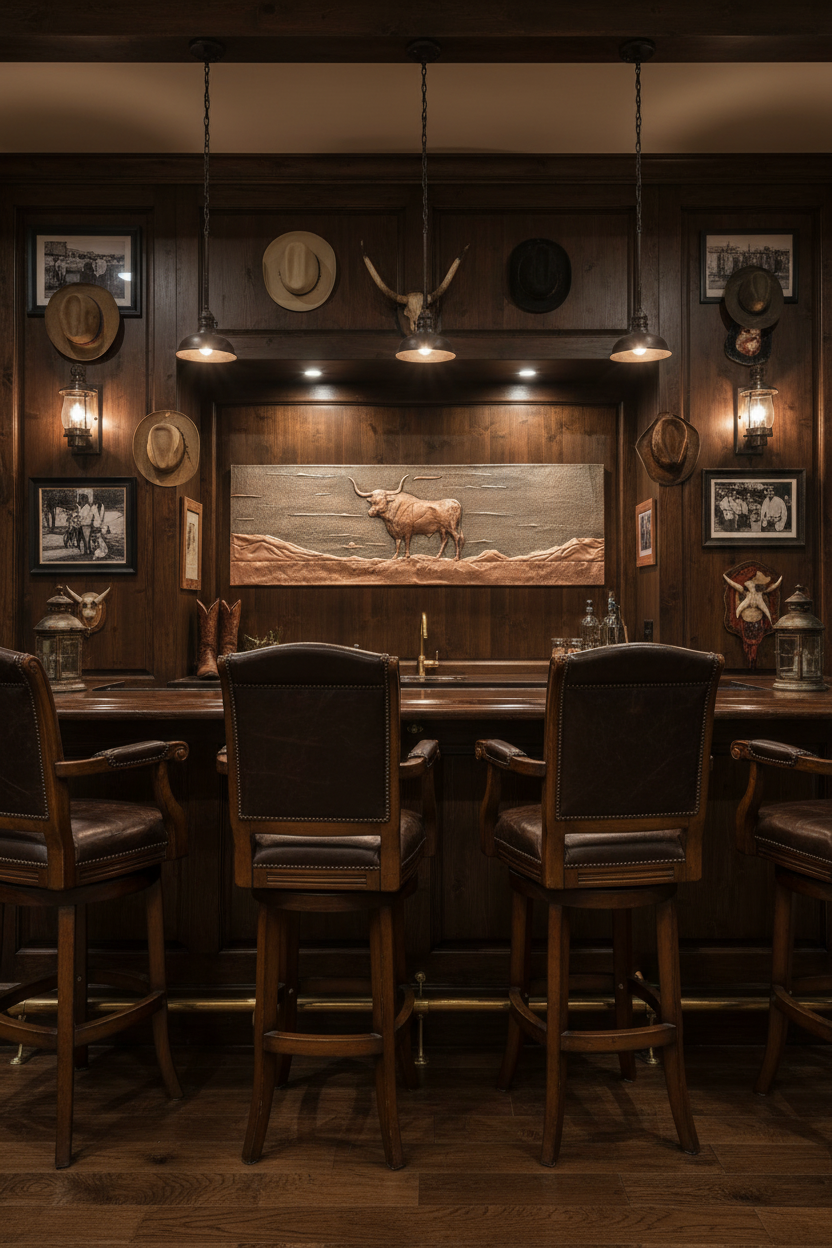 Oversized 60 inch Longhorn Bull copper panel in Texas ranch home bar